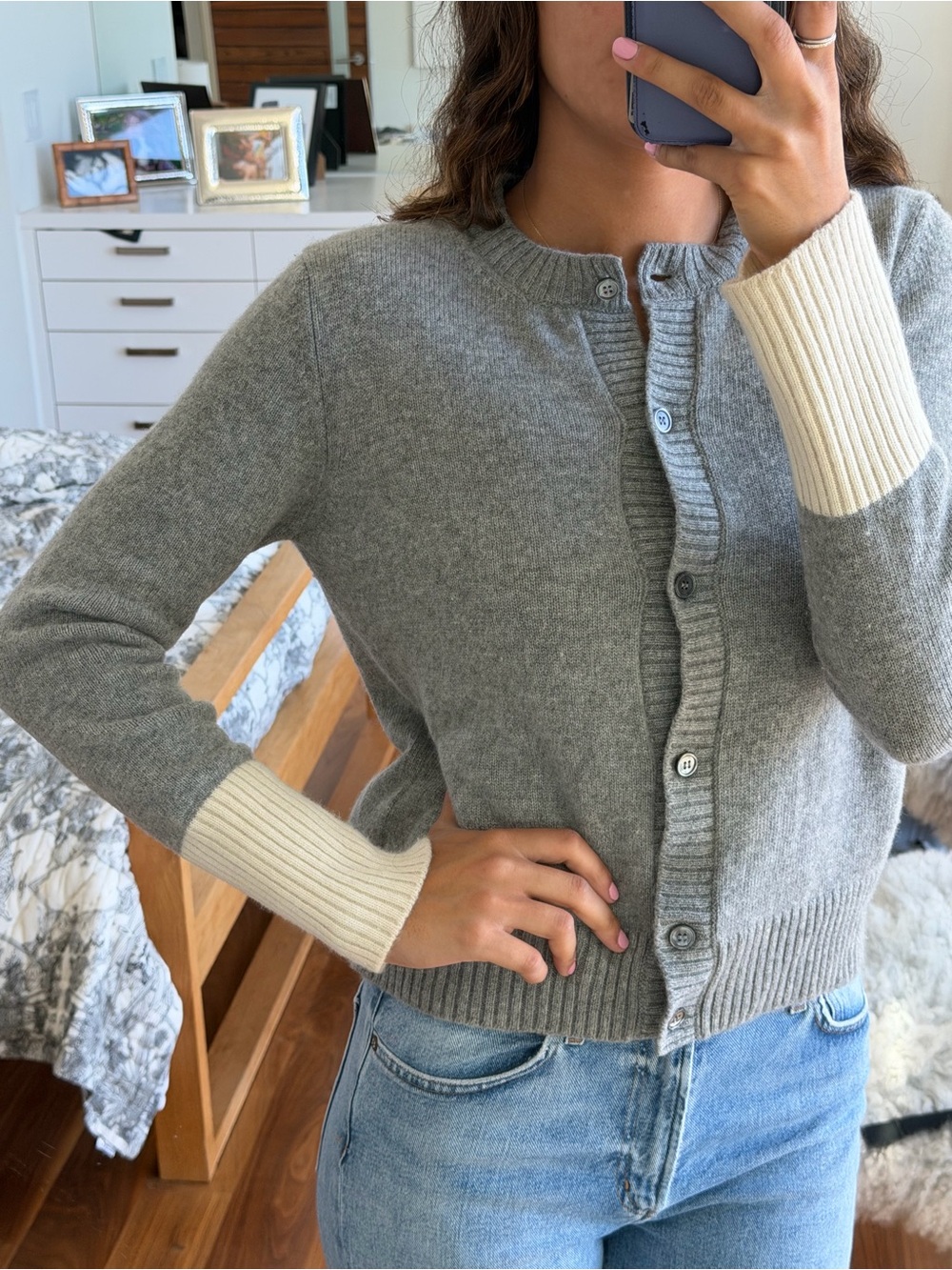 Barneys New York Gray & Cream Rib-Cuff Button-Front Women's Sweater - Picture 2 of 4